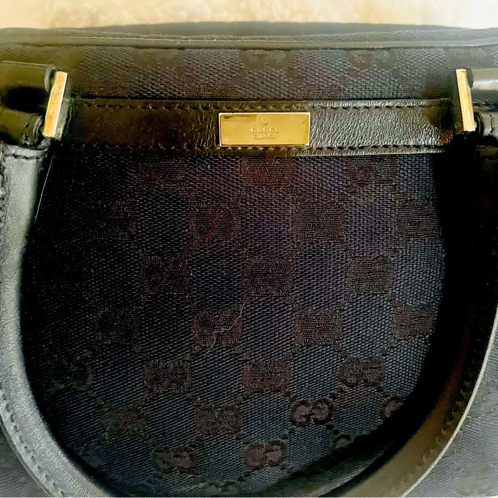 Gucci Small Bauletto Handbag in Black GG Canvas and Leather